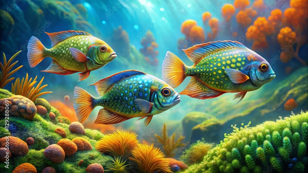 Naklejka premium Vibrant Reef Fish A Trio of Jewel-toned Aquatic Creatures Gracefully Navigating a Lush Underwater Paradise