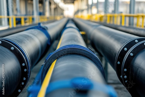 HDPE water supply pipe PE manufacturing industrial pipes with blue line for gas and water Polyethylene production facility No one photo