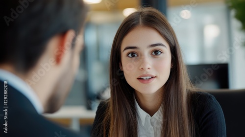 Wallpaper Mural young, confident businesswoman engages in a serious conversation during a meeting. Professional atmosphere Torontodigital.ca