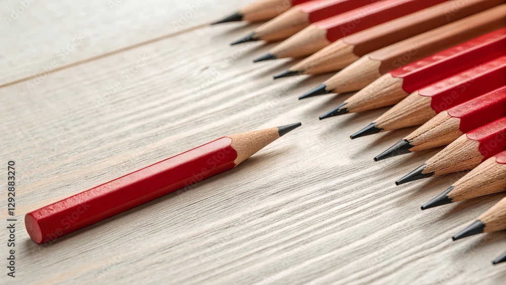 Obraz premium Unique Red Pencil Among Aligned Pencils on Wooden Surface.