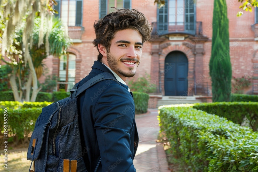 A smiling young man with curly hair walks away from a historic building, wearing a backpack and dressed in a stylish outfit amidst a lush garden. A smiling young man with curly hair walks away from a historic building, wearing a backpack and dressed in a stylish outfit amidst a lush garden.