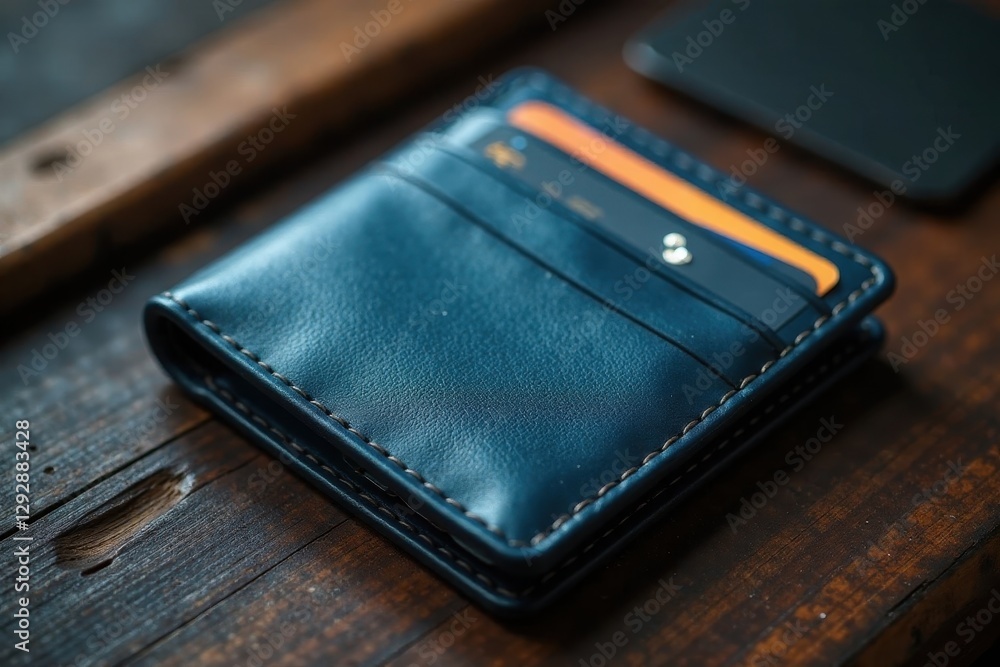 Deep blue leather wallet, textured card slots visible, detail, travel Deep blue leather wallet, textured card slots visible, detail, travel