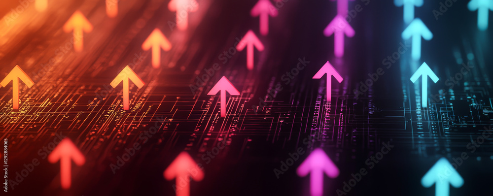 Fototapeta premium Vibrant digital arrows signaling growth and progress in a modern environment.