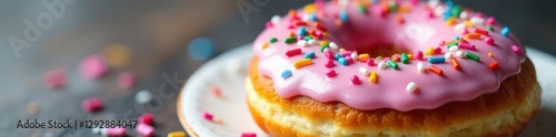 Glazed donut with colorful sprinkles, detail shot, morning treat, food photography, bakery