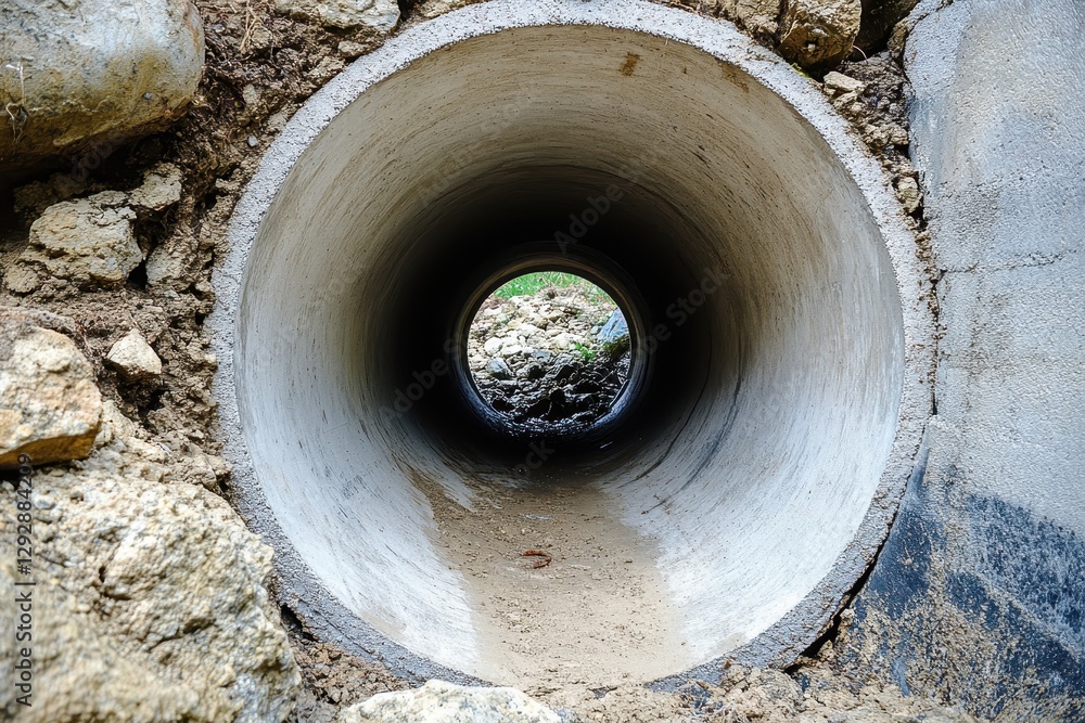 Interior view of a new concrete rainwater drainage collector in a pipe Interior view of a new concrete rainwater drainage collector in a pipe