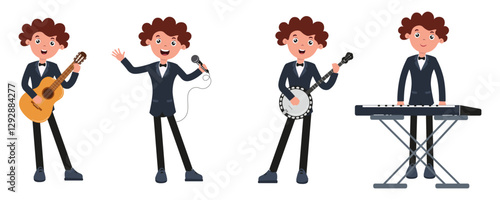 Young musician performing with various instruments in a playful and colorful style