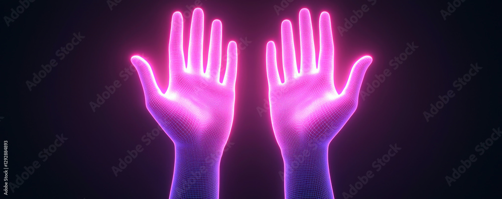 Vibrant hands glowing with neon light against a dark background. Vibrant hands glowing with neon light against a dark background.