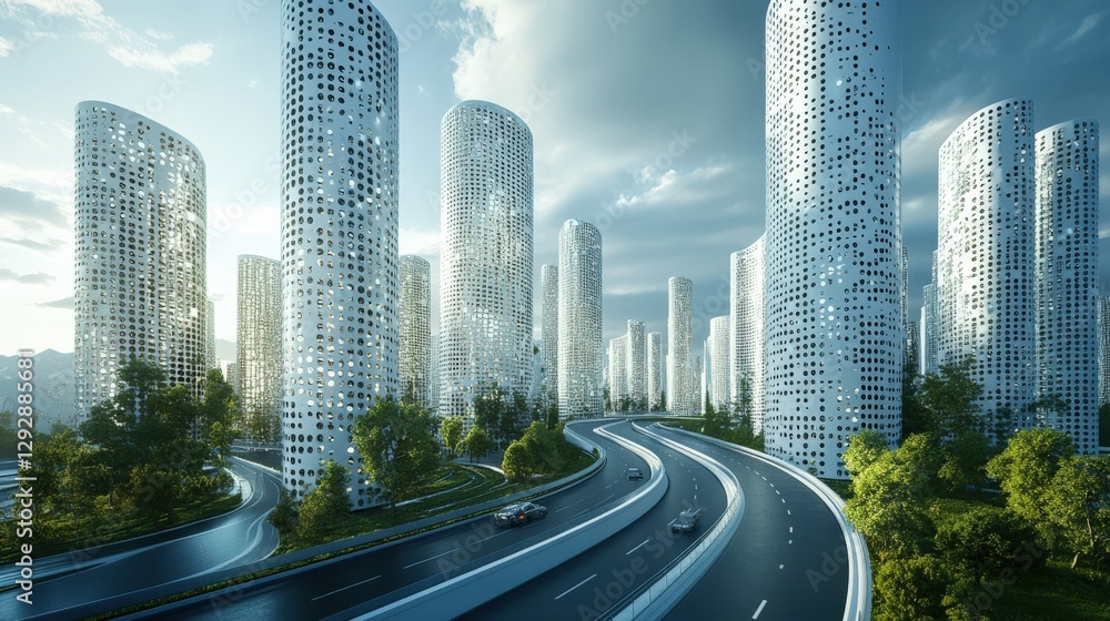 Fototapeta premium Futuristic Urban Landscape Featuring Sleek, High-Rise Buildings Surrounded by Lush Greenery and a Curved Road in a Modern City Setting