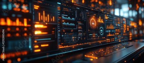 Futuristic digital dashboard displays graphs, charts, and data analytics on a large screen.