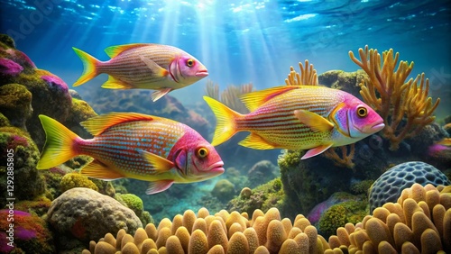 Vibrant Reef Inhabitants Three Colorful Fish Gracefully Swimming Amidst Lush Coral and Rocks in a Sunlit Underwater Paradise
