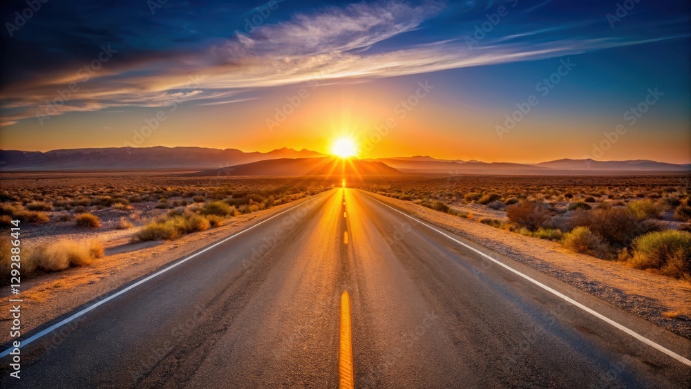 Fototapeta premium Desert Road at Sunset with Clear Sky , calm, empty, calm, empty, landscape, tranquil, rugged, clear, horizon, earthy, natural