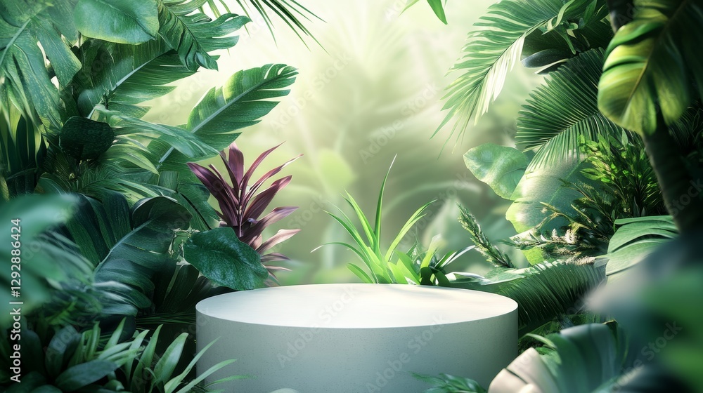 natural-themed podium for product presentation with lush greenery natural-themed podium for product presentation with lush greenery