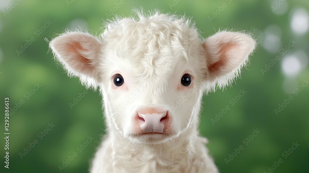 Cute white calf in green pasture, spring Cute white calf in green pasture, spring