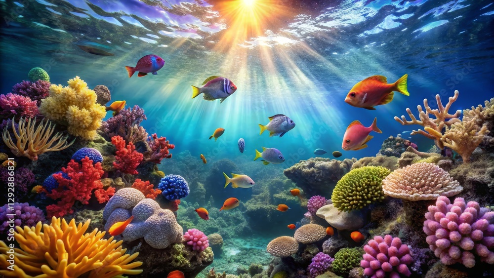 Obraz premium Colorful Coral Reef Underwater Scene with Vibrant Marine Life