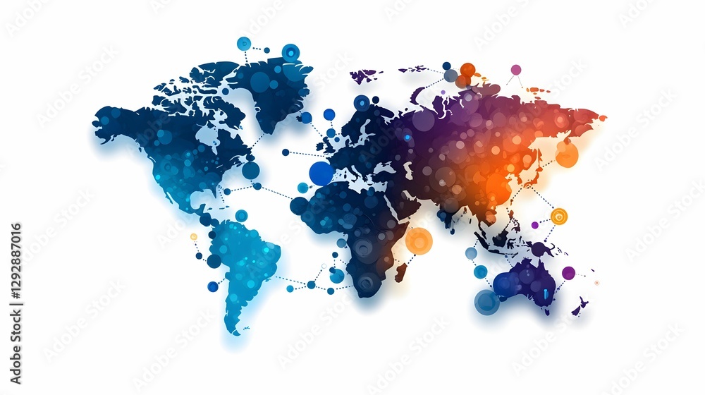 Fototapeta premium A colorful, abstract world map design featuring circular dots, symbolizing connectivity and global interaction.