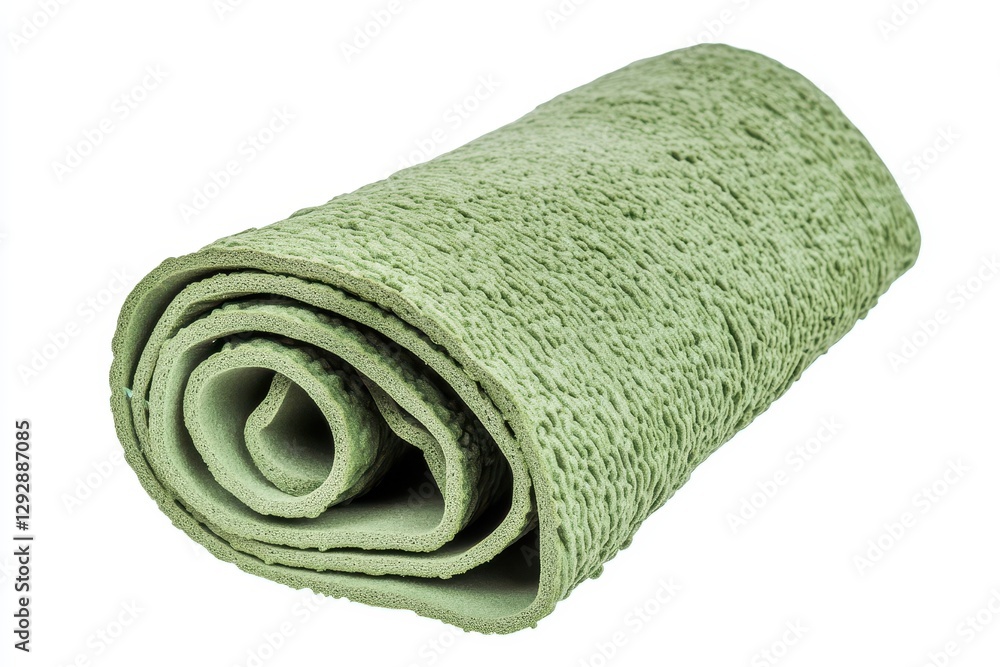 Isolated white background with a curled green foam yoga mat Isolated white background with a curled green foam yoga mat