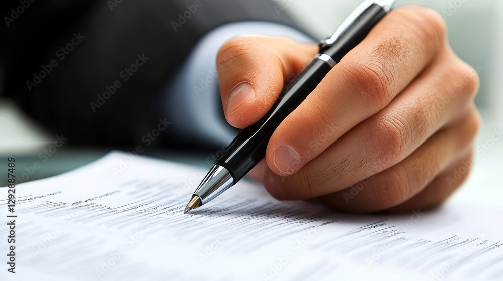 Close-up of a hand signing a document with a pen Close-up of a hand signing a document with a pen