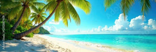 Wallpaper Mural Sun-drenched beach, swaying palm trees, turquoise water, horizon, getaway, tropical Torontodigital.ca