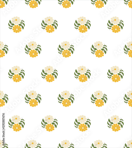 Vector a repeating pattern of stylized daisies in warm yellow and soft white, accented with fresh green leaves. Illustration.