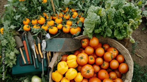 Freshly Harvested Vegetables and Gardening Tools Display