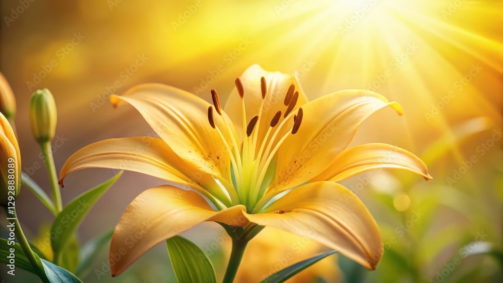 Obraz premium Bright sunny yellow petals of a lily flower unfolding slowly in warm gentle light , nature, delicate, nature, delicate, yellow