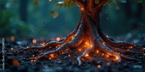 Metal tree roots with glowing tendrils reaching outwards, metallic, glow photo