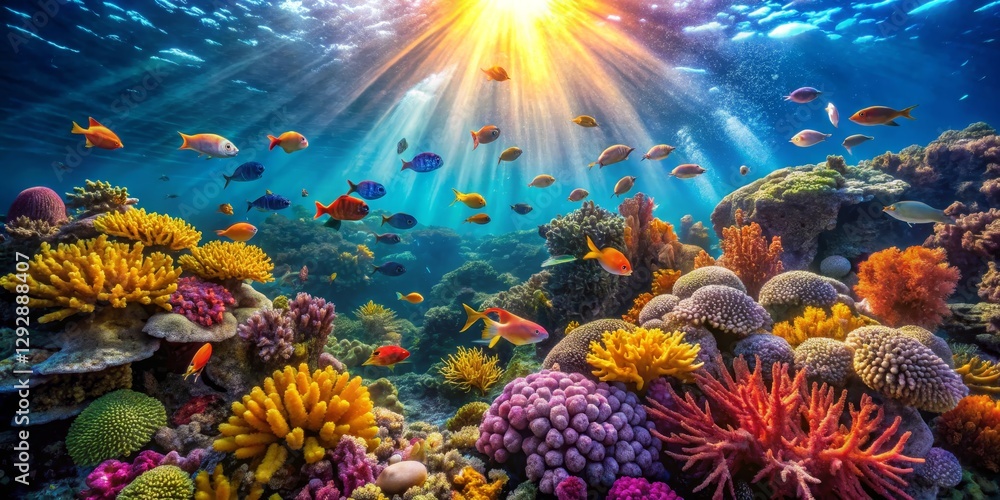Fototapeta premium Vibrant Underwater Scene with Colorful Coral and Exotic Fish