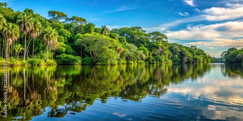 Fototapeta premium Dense foliage and towering trees surround a tranquil freshwater lake in the heart of the Orinoco Delta , nature, trees, nature, trees