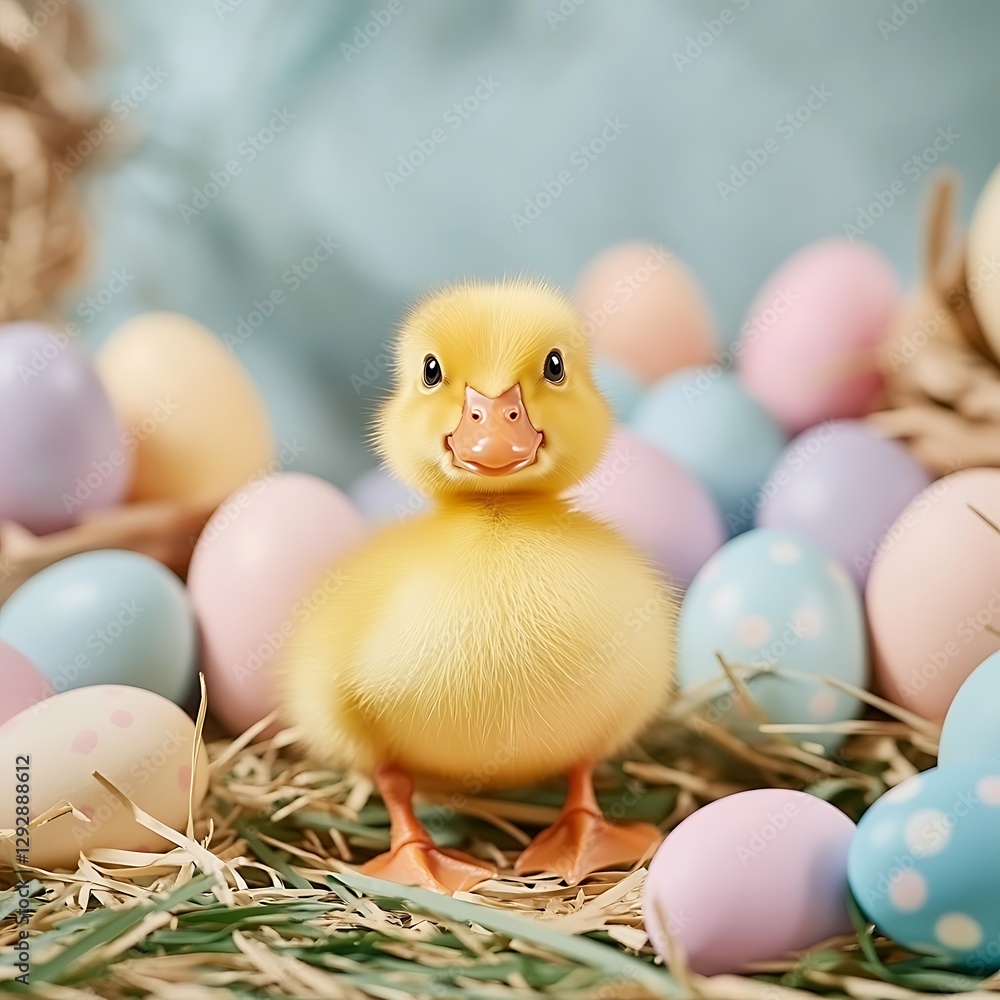 A Cute Yellow Duckling Among Colorful Easter Eggs and Fresh Spring Flowers A Cute Yellow Duckling Among Colorful Easter Eggs and Fresh Spring Flowers