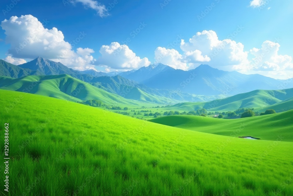 Rolling hills of emerald green grass under a bright blue sky with fluffy white clouds and majestic mountain ranges in the distance with a shallow depth of field, Mountains, Shallow Depth Rolling hills of emerald green grass under a bright blue sky with fluffy white clouds and majestic mountain ranges in the distance with a shallow depth of field, Mountains, Shallow Depth
