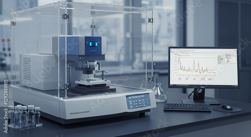 IR Spectroscopy Analysis: Scientific research in a laboratory setting, examining data on a monitor for spectroscopic analysis. photo