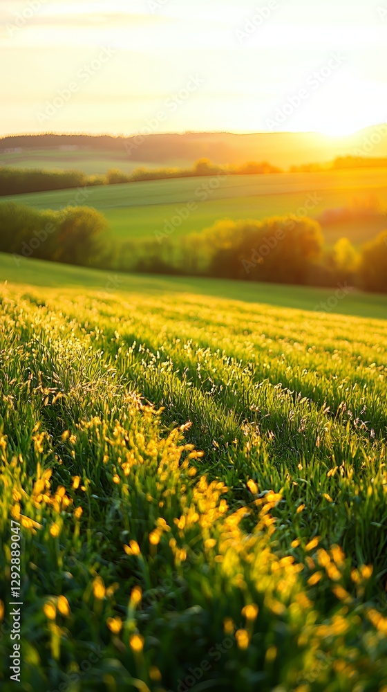 Obraz premium Golden Hour Sunset Over Rolling Green Hills and Wheat Field