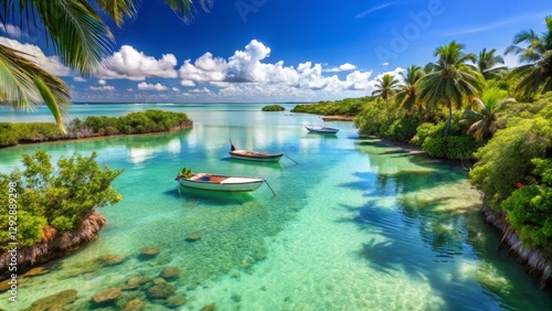 Serene Tropical Lagoon with Palm Trees and Boats Under Clear Sky