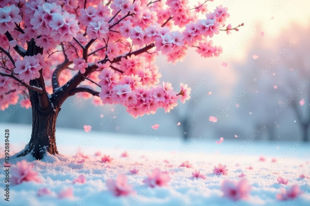 Fototapeta premium Soft pink blossoms fall on the snow-covered ground, gentle hues, tree