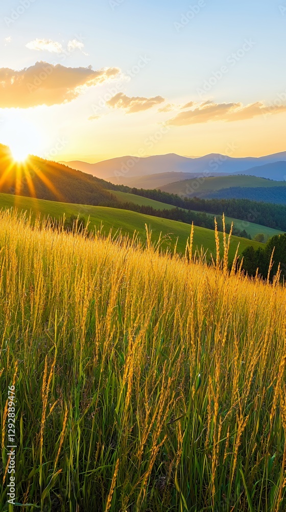 Golden Hour Sunset Over Rolling Hills and Grassy Field Golden Hour Sunset Over Rolling Hills and Grassy Field