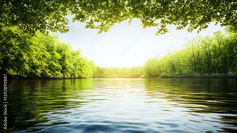 Serene River Landscape With Lush Green Trees And Sunlight Serene River Landscape With Lush Green Trees And Sunlight