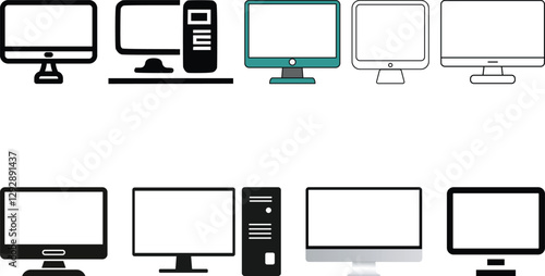 PC monitor icon set collection,computer,display, monitor,desktop, lcd, screen vector icon.
