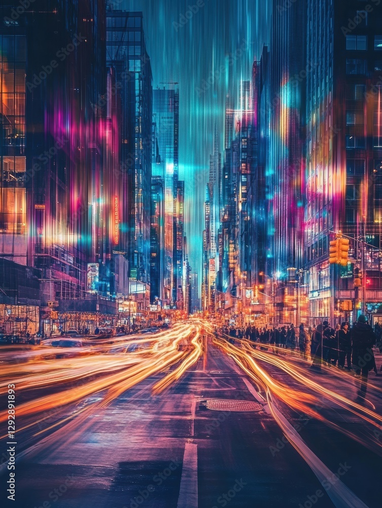 Obraz premium Vibrant urban road with visualized sound waves and dynamic lights creates an immersive atmosphere at night. Generative AI