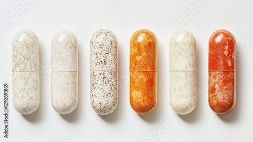Six capsules in different colors and textures arranged in a row on a white background.