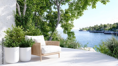 Coastal patio relaxation chair, plants, sea view