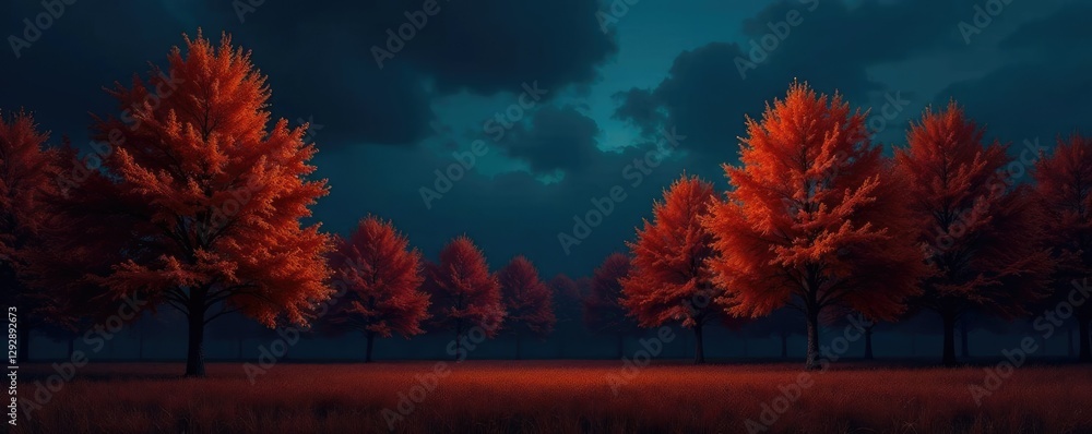 Burnt orange trees against a darkening blue sky, nature scene, woodlands Burnt orange trees against a darkening blue sky, nature scene, woodlands