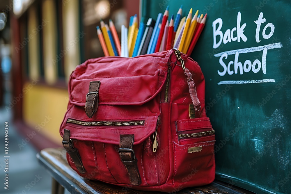 Backpack with school supplies on chalkboard back to school background Backpack with school supplies on chalkboard back to school background