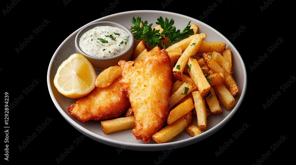 Freshly Cooked Fish and Chips with Lemon Wedge and Creamy Sauce on a Gray Plate Freshly Cooked Fish and Chips with Lemon Wedge and Creamy Sauce on a Gray Plate