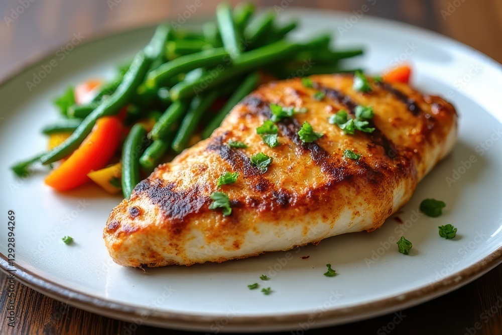 Delicious Meal Preparation Baked Chicken Breast with Steamed Green Beans and Vegetables Delicious Meal Preparation Baked Chicken Breast with Steamed Green Beans and Vegetables