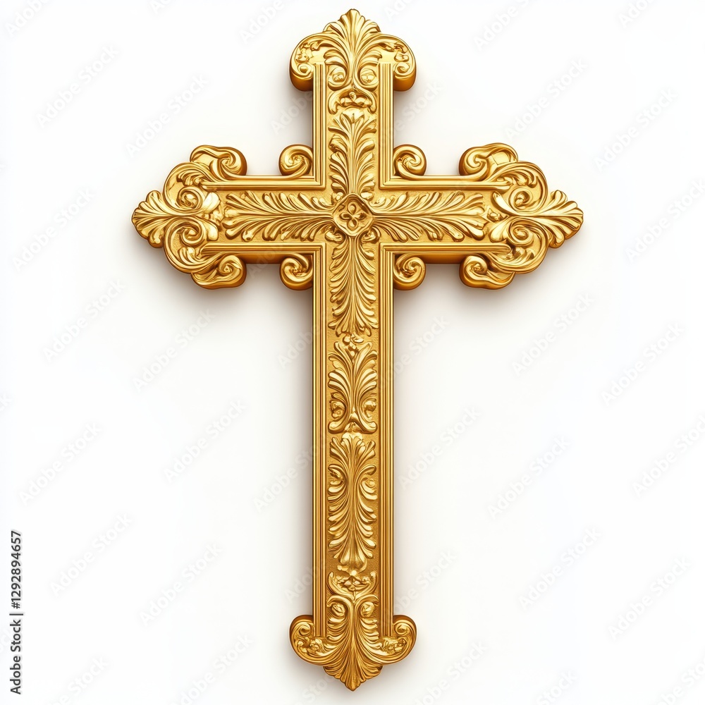 A golden cross with intricate carvings, symbolizing the holy and sacred nature of Christian imagery, isolated on a white background. A golden cross with intricate carvings, symbolizing the holy and sacred nature of Christian imagery, isolated on a white background.