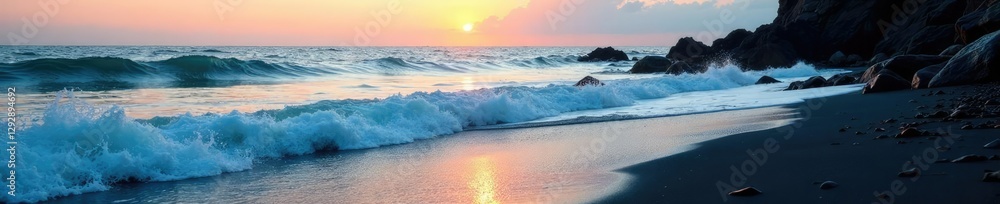 Gentle lapping of waves on Black Sea shore in fading light, waves, rocks Gentle lapping of waves on Black Sea shore in fading light, waves, rocks