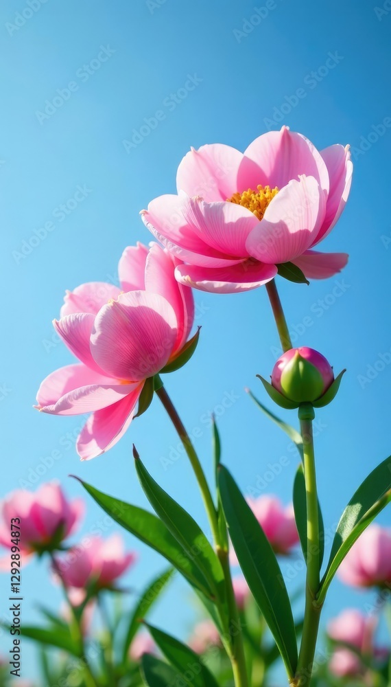Fototapeta premium Gentle pink peonies unfold against a vast blue sky, flowers, pink peonies