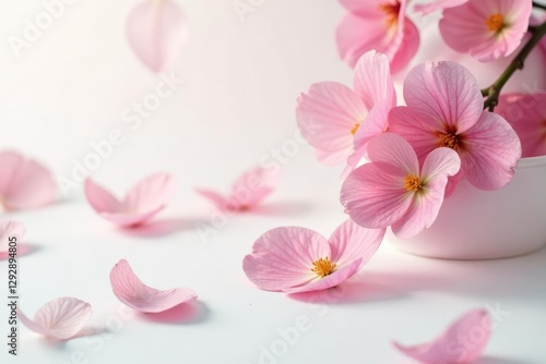 Gentle petals descend softly on pristine white surface, falling, gentle, white