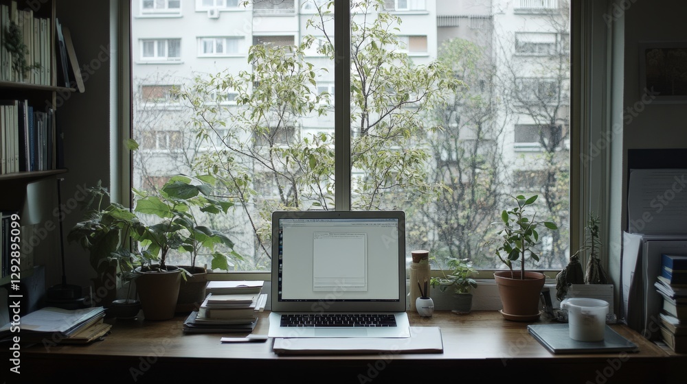Fototapeta premium Serene Home Office Setup with Natural Light and Plants