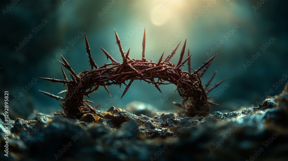 Crown of thorns on rocky ground with sunlight illuminating background. Symbol of pain and sacrifice in dark, moody atmosphere. Spiritual and religious concept Crown of thorns on rocky ground with sunlight illuminating background. Symbol of pain and sacrifice in dark, moody atmosphere. Spiritual and religious concept